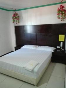 卡利博Asia Novo Boutique Hotel - Kalibo的一间卧室配有一张大床和木制床头板
