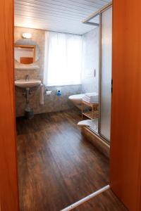 Alpnach阿尔卑纳赫兰德斯托付施鲁塞尔宾馆的一间带水槽和镜子的浴室
