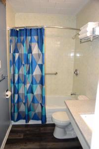斯特拉福德斯特拉特福郊区汽车旅馆 的浴室配有蓝色的浴帘和卫生间