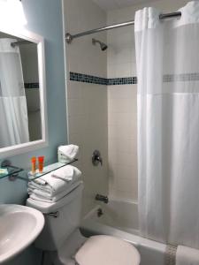 威尔伍德克拉斯特比斯坎家庭度假酒店的带淋浴、卫生间和盥洗盆的浴室