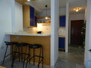 塞内斯德拉韦加Nevada Apartaments的厨房配有蓝色橱柜和柜台凳子