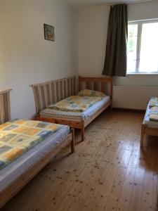 鲍洛通塞迈什Fasor vendégház的客房内设有两张床,铺有木地板,设有窗户。