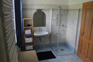 施特罗布尔Ferienhaus Pepi的带淋浴和盥洗盆的浴室