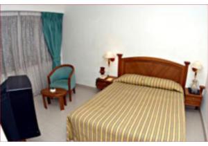 西姆拉Hotel Pankaj的配有一张床和一把椅子的酒店客房