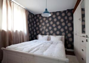 汉堡Ellena`s FEWO am Uke的一间卧室配有一张带波卡圆顶墙的床。