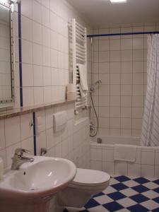 吉贝尔施塔特鲁茨法兰克客栈的浴室配有盥洗盆、卫生间和浴缸。