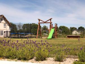 弗瓦迪斯瓦沃沃Willa Dwie Mewy的一个带绿色滑梯和紫色花卉的游乐场
