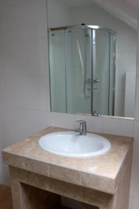旧柳博夫尼亚阿尔弗里德酒店的浴室水槽设有淋浴和镜子