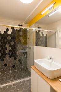 布加勒斯特Arbans Elegant apartment in the city center的一间带水槽和淋浴的浴室