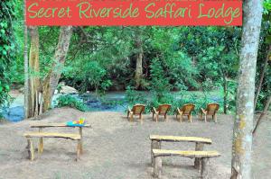 达瓦拉维Secret River Side Safari Lodge的公园里的一组椅子和长椅