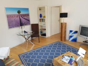 拉芬斯堡Business Apartment Ravensburg - sonnig, zentral & ruhig的客厅配有桌子和电视