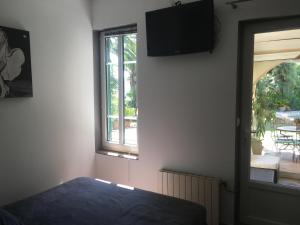 滨海拉塞讷La Mandarinette的一间卧室设有一张床、一个窗口和一台电视
