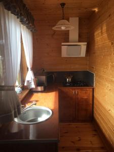 德布吉Domki Letniskowe "TROPIK"的木制客房内的厨房设有水槽