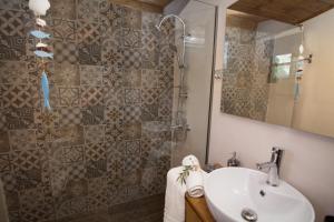 PloutíARISTIDIS'S PLOUTI MOIRES的浴室配有盥洗盆和带镜子的淋浴