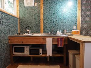 下田Oku Cottage - walk to Ohama Beach - Max 4 ppl的厨房柜台设有水槽和微波炉