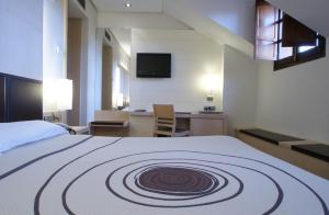 巴利亚多利德Hotel Mozart的酒店客房设有一张大床,还有一间配有电视的房间。