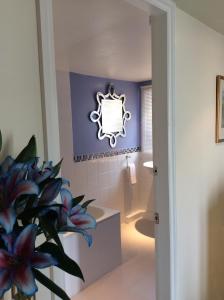 伊姆Bretton Cottage的浴室拥有紫色的墙壁,墙上设有镜子