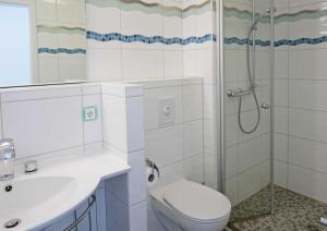 巴贝Baabe Gruene Duene Fewo Strandroma的带淋浴、卫生间和盥洗盆的浴室