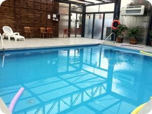 维纳德马比尼亚德尔马蒙特卡洛酒店的大楼内一个蓝色的大型游泳池