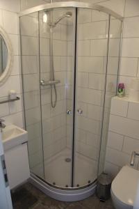 博尔加内斯Private and peaceful one bedroom apartments的带淋浴、水槽和卫生间的浴室