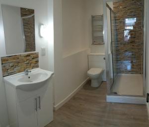 斯特劳德Cotswold Aparthotel的一间带水槽、卫生间和淋浴的浴室