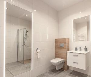 克沃兹科Apartament w Bizancjum 9 PARKING FREE 24H的带淋浴、卫生间和盥洗盆的浴室