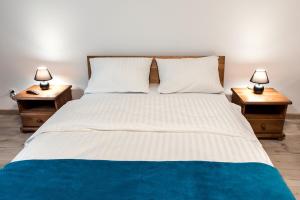 克沃兹科Apartament w Bizancjum 9 PARKING FREE 24H的一间卧室配有一张带两张台灯的床铺。