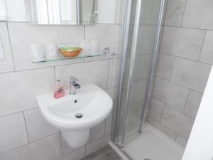 桑当德尼沃蒂酒店的白色的浴室设有水槽和淋浴。