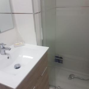 塞尔塞迪利亚Estudio romántico en Puerto De Navacerrada的白色的浴室设有水槽和淋浴。