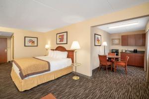 夏洛特温盖特温德姆夏洛特机场酒店的酒店客房配有一张床、一张书桌和一间厨房。