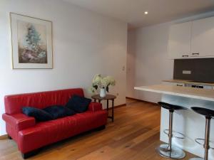 HuldenbergWolfshaegen 180的一间带红色沙发的客厅和一间厨房