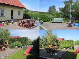 鲁斯诺沃Całoroczny dom nad morzem的一张野餐桌和一个游乐场的四张照片
