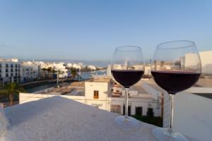 阿雷西费Apartamentos Bello Lanzarote的两杯红酒坐在一顶帐篷上