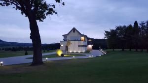新博尔Golf Resort Česká Lípa的院子里有灯的大白色房子