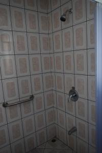 迦太基Hotel Las Brumas的瓷砖墙上的淋浴和两个淋浴喷头