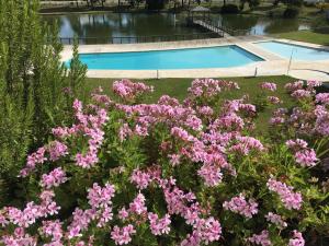 特罗亚Soltroia Beachouse的一座种有粉红色花卉的花园和一个游泳池