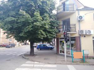 沙巴茨Veliki Park的停在有树的建筑前面的蓝色汽车