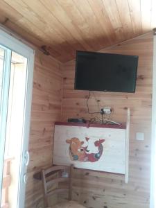 RigaudL'arberc的木墙顶部配有电视的房间