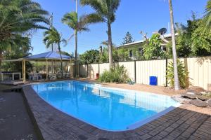 班达伯格亚历山德拉公园汽车旅馆的一个带围栏和棕榈树的庭院内的游泳池