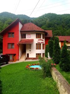 舒加格Pensiunea Casa David的一座红色和白色的房子,在院子里设有游泳池
