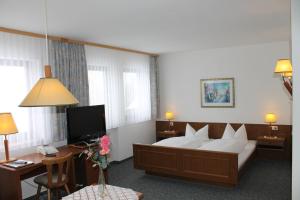 希尔波尔特施泰因森德斯道菲酒店的一间卧室配有一张床、一张书桌和一台电视