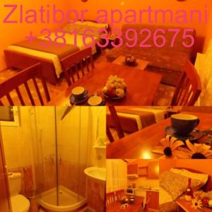兹拉蒂博尔Apartments Vukomanović的厨房与带桌子的用餐室的拼凑