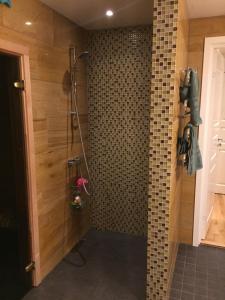 BooWonderful wooden house next to lake and Stockholm archipelago的一间带淋浴的浴室和瓷砖墙