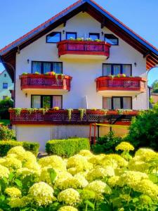 鲁拉里贾纳格斯火斯公寓的白色的房子,设有红色的阳台和黄色的鲜花