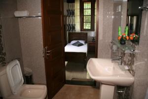 康提The Springfields Kandy Previously Madara Residence Kandy的浴室配有卫生间、水槽和床。