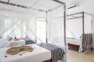 锡吉里亚锡吉里亚阳光别墅的配有白色蚊帐的客房内的两张床