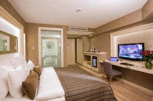 伊斯坦布尔利马克欧亚豪华酒店的酒店客房配有一张床、一张书桌和一台电视。