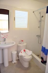 苏莎亚Hotel Las Palmeras的白色的浴室设有卫生间和水槽。