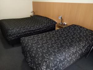 奥尔伯里Clifton Motel的配有两张床铺的酒店客房 - 带黑色床罩