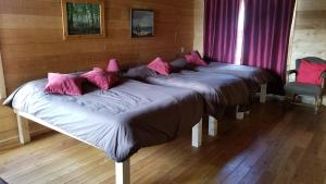 北圣罗斯Auberge Cap au Leste的配有粉红色枕头的客房内的两张床